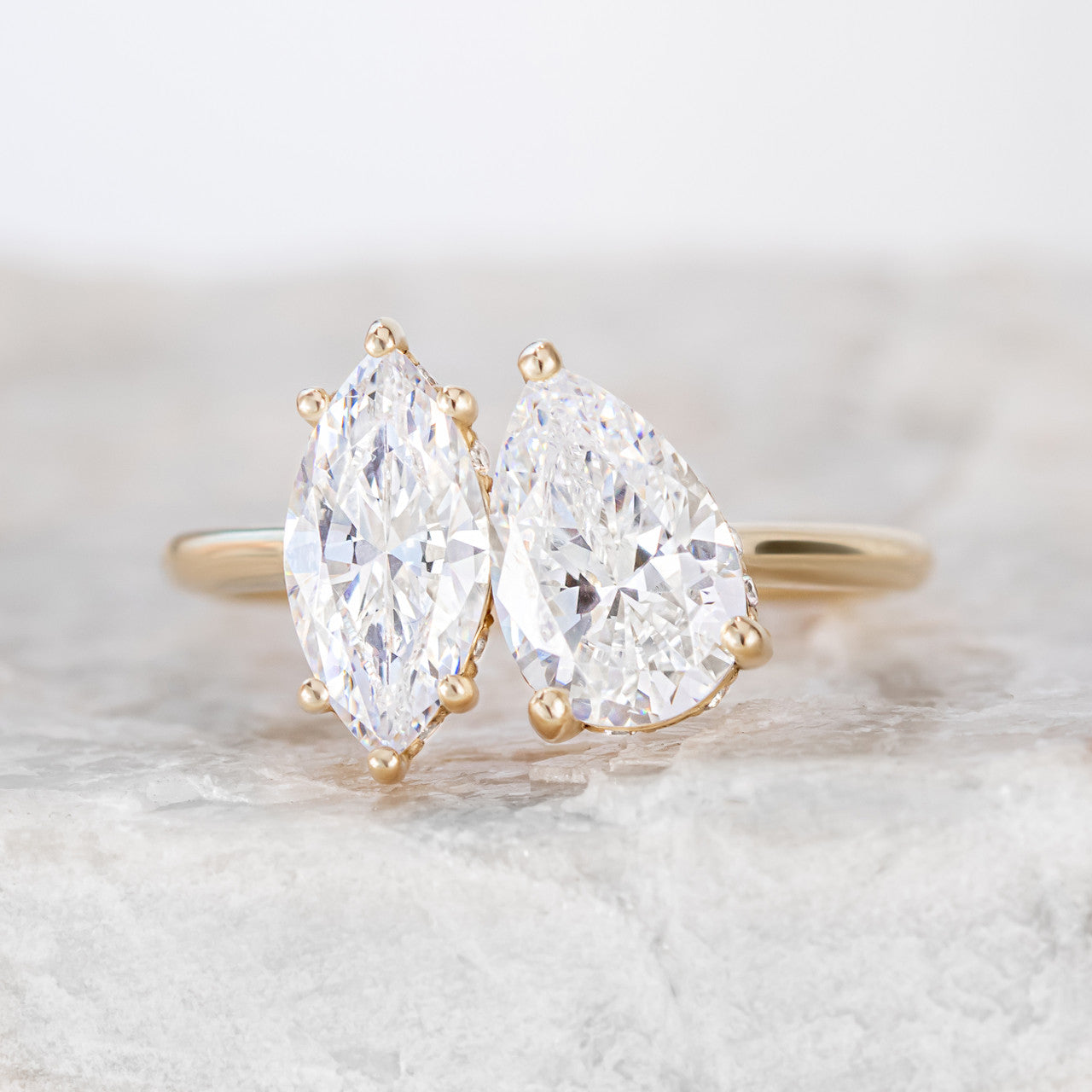 2.23 CT Marquise & Pear Moissanite Two Stone Engagement Ring