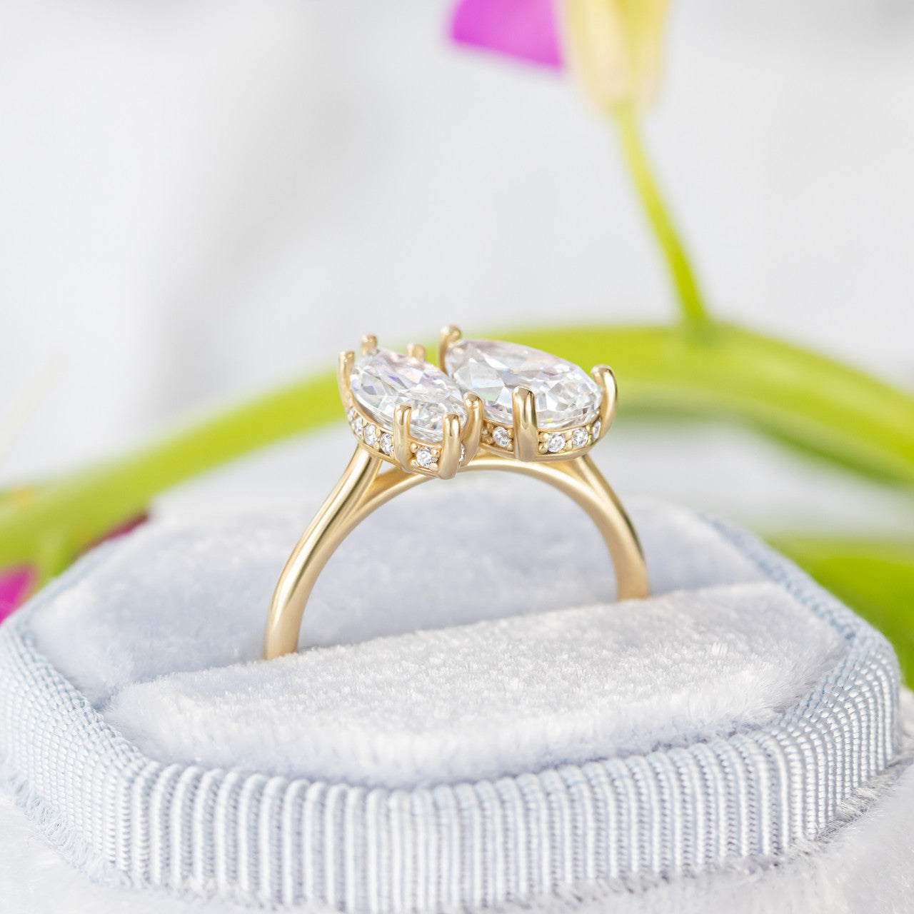 2.23 CT Marquise & Pear Moissanite Two Stone Engagement Ring