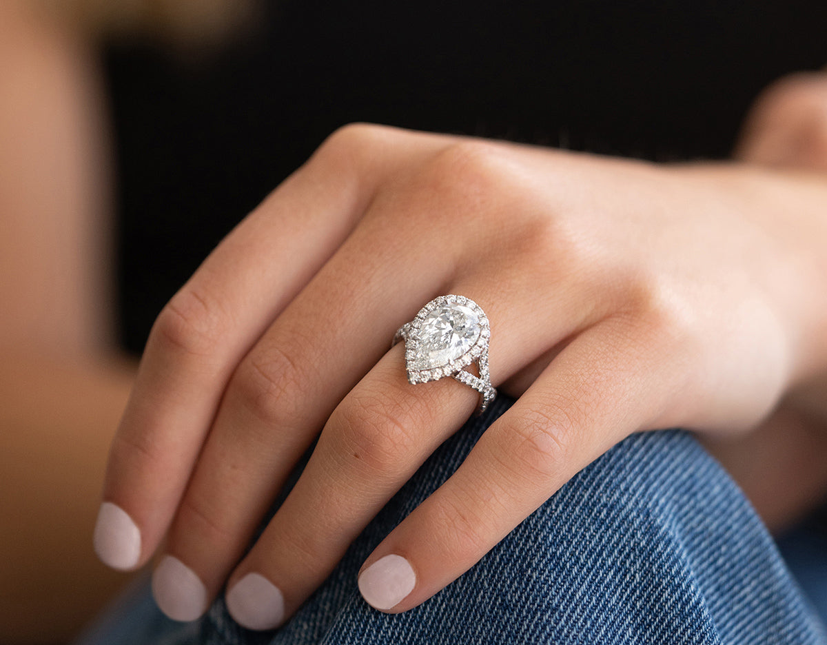 4.01ct Pear Cut Split Shank Moissanite Halo Diamond Engagement Ring