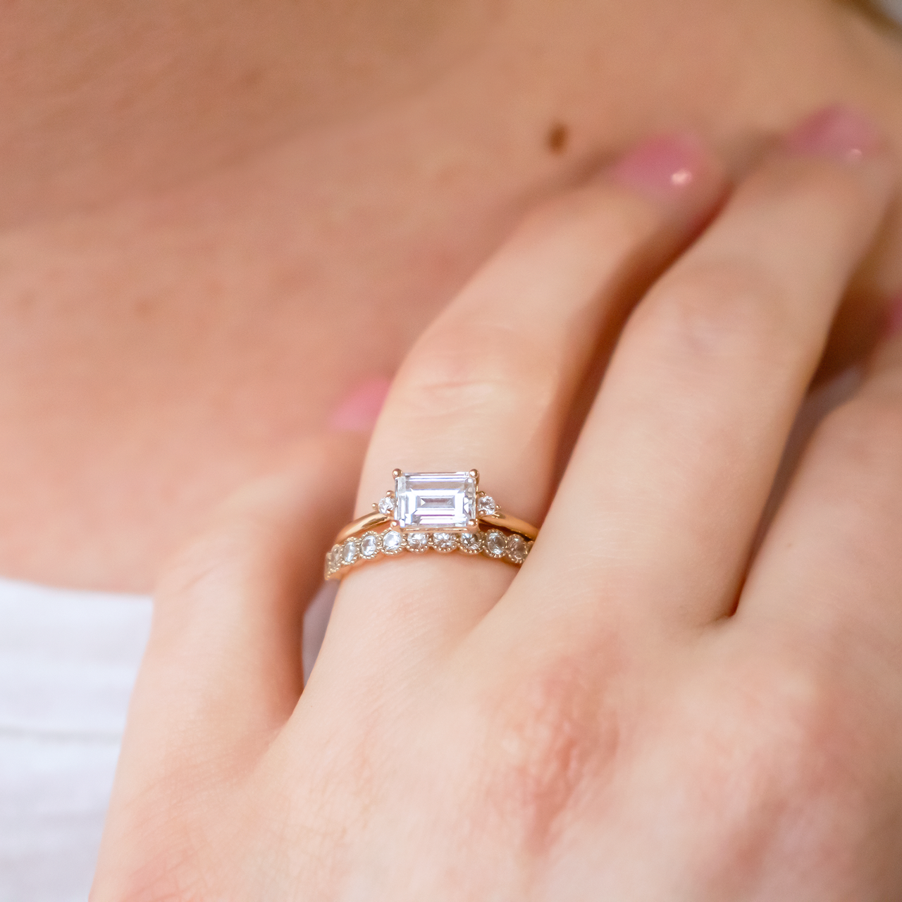 1.50 CT Emerald Moissanite East West Cluster Engagement Ring