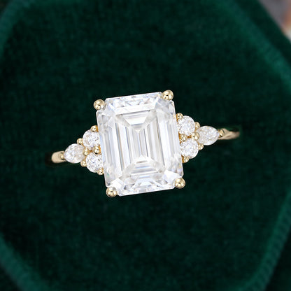 3.50 CT Emerald Shaped Moissanite Cluster Engagement Ring