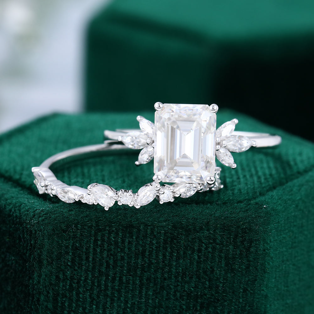 2.30 CT Emerald Moissanite Cluster Bridal Ring Set