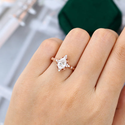 1.0 CT Pear Shaped Moissanite Cluster Milgrain Style Engagement Ring