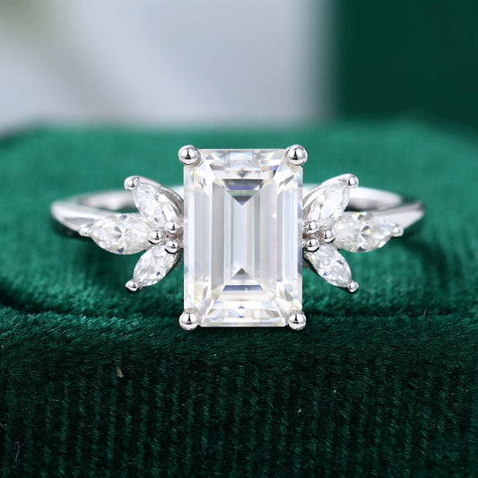 2.0 CT Emerald Shaped Moissanite Cluster Engagement Ring