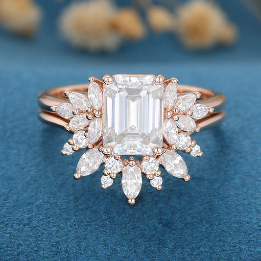1.60 CT Emerald Shaped Moissanite Cluster Bridal Set