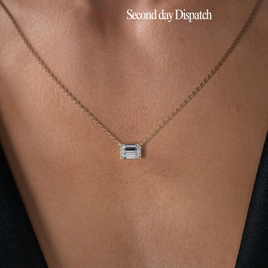 East West Emerald Diamond Moissanite Solitaire Necklace - Ready to Ship