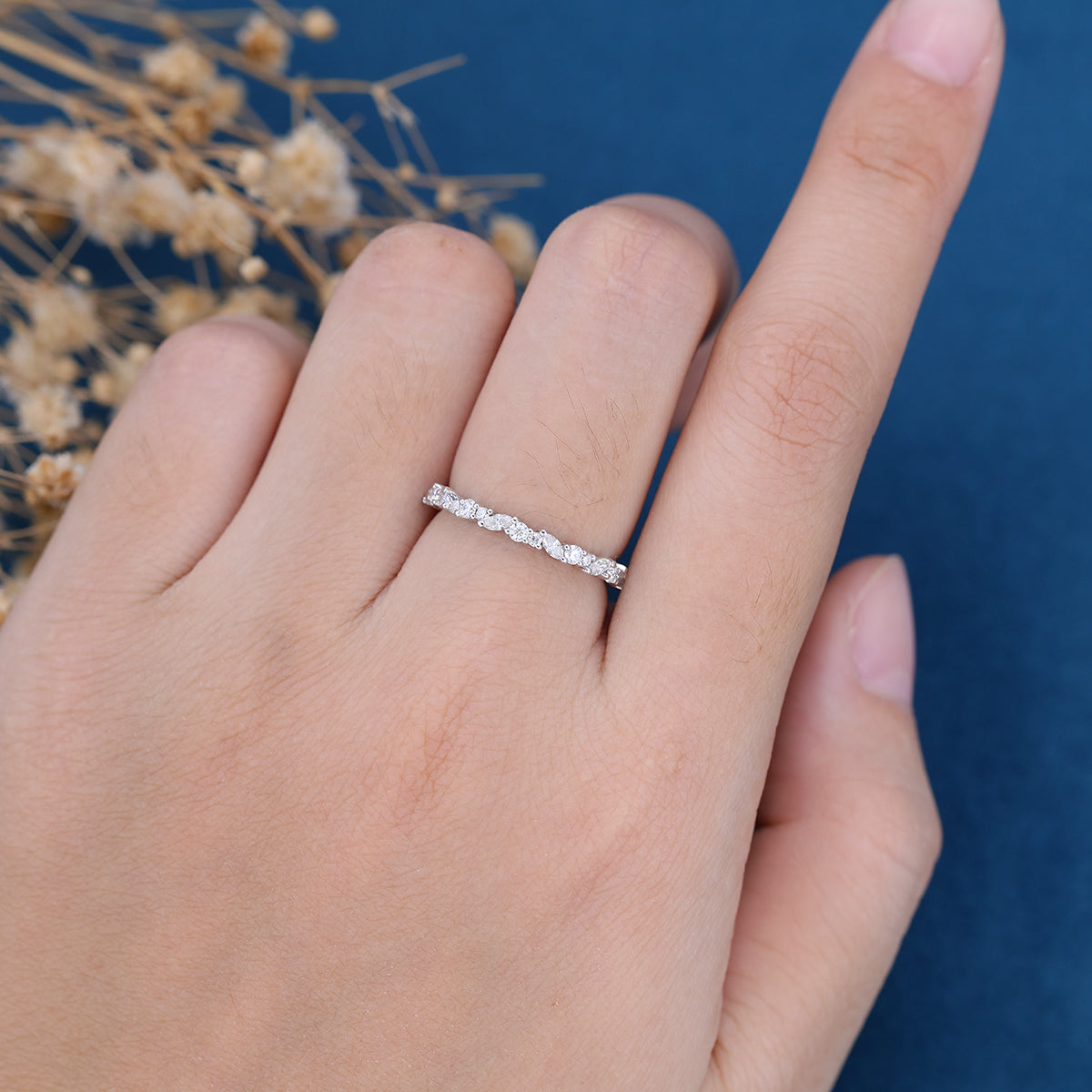 1.70 CT Marquise & Round Shaped Moissanite Half Eternity Wedding Band