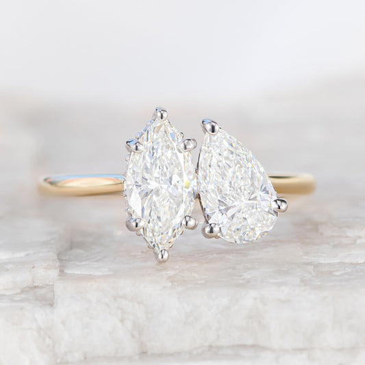 2.23 CT Marquise & Pear Moissanite Two Stone Engagement Ring