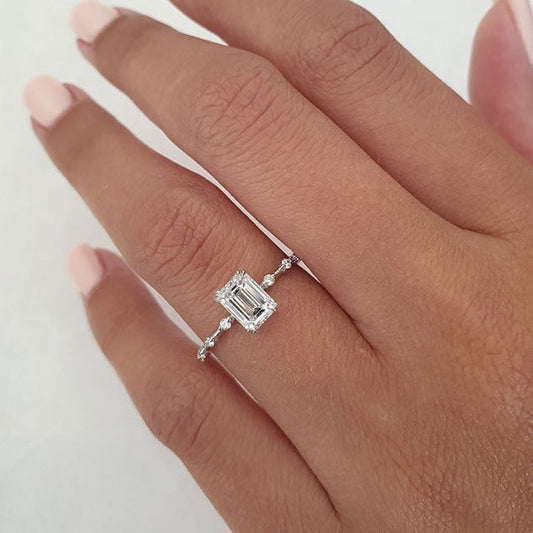 1.0ct Emerald Cut Moissanite Petite Pave Diamond Engagement Ring
