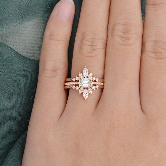 2.0 CT Emerald Cut Solitaire Pave Setting Moissanite Bridal Ring Set
