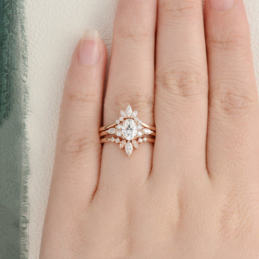 1.0 CT Oval Cut Cluster Art Deco Moissanite Bridal Ring Set