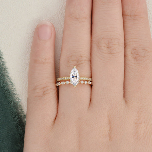 1.0 CT Marquise Cut Solitaire Pave Moissanite Bridal Ring Set