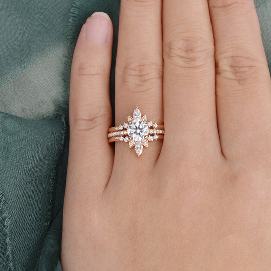 1.0 CT Round Cut Hidden Halo Moissanite Bridal Ring Set