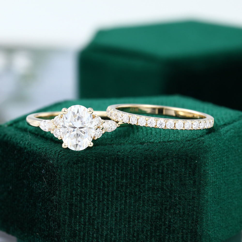 1.33 CT Oval Moissanite Cluster Bridal Ring Set
