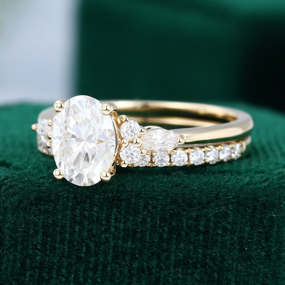 1.33 CT Oval Moissanite Cluster Bridal Ring Set