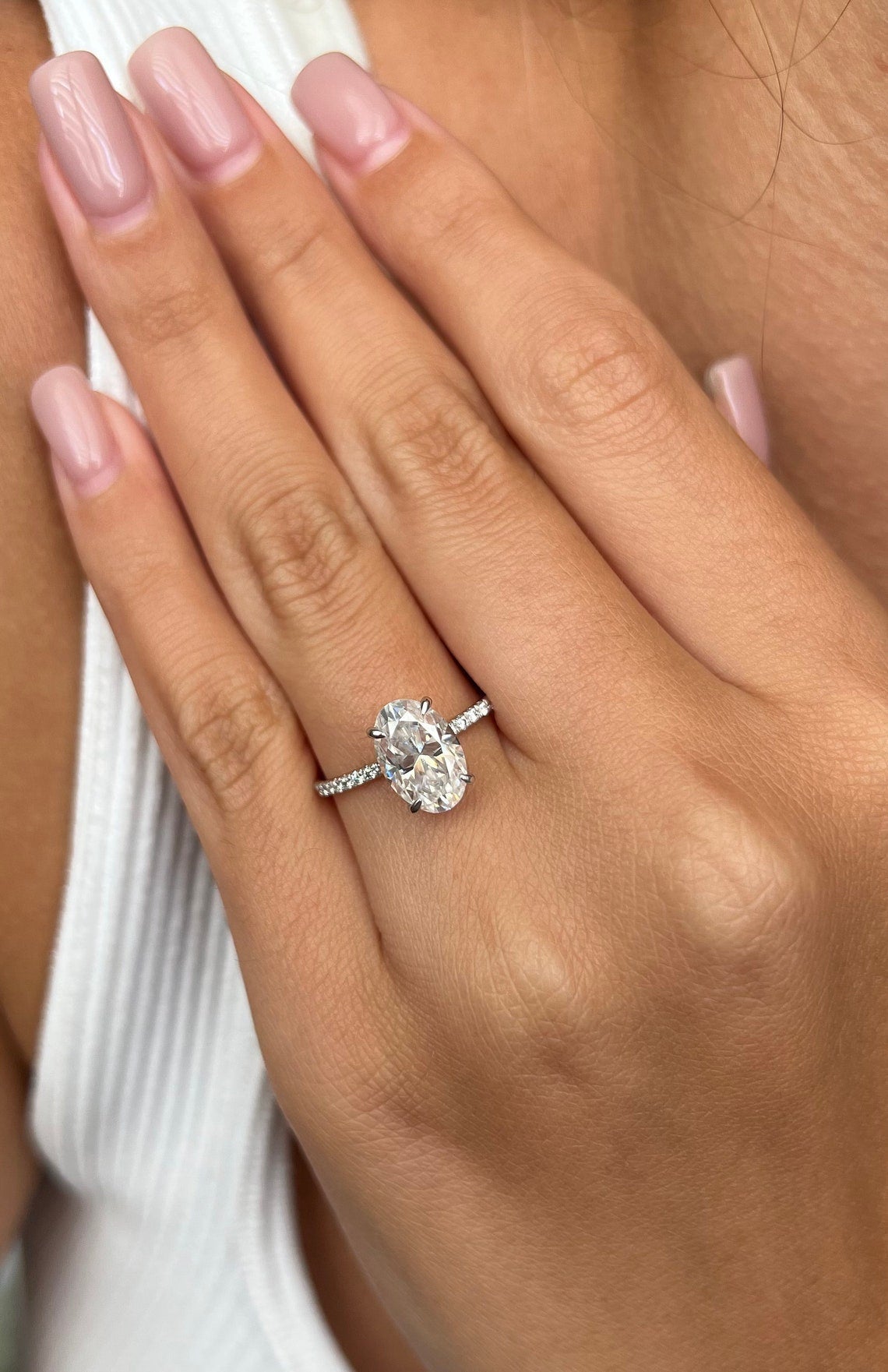 2.0 CT Oval Moissanite Hidden Halo & Pave Engagement Ring