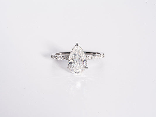 3.0 CT Pear Moissanite Hidden Halo Engagement Ring With Pave Setting