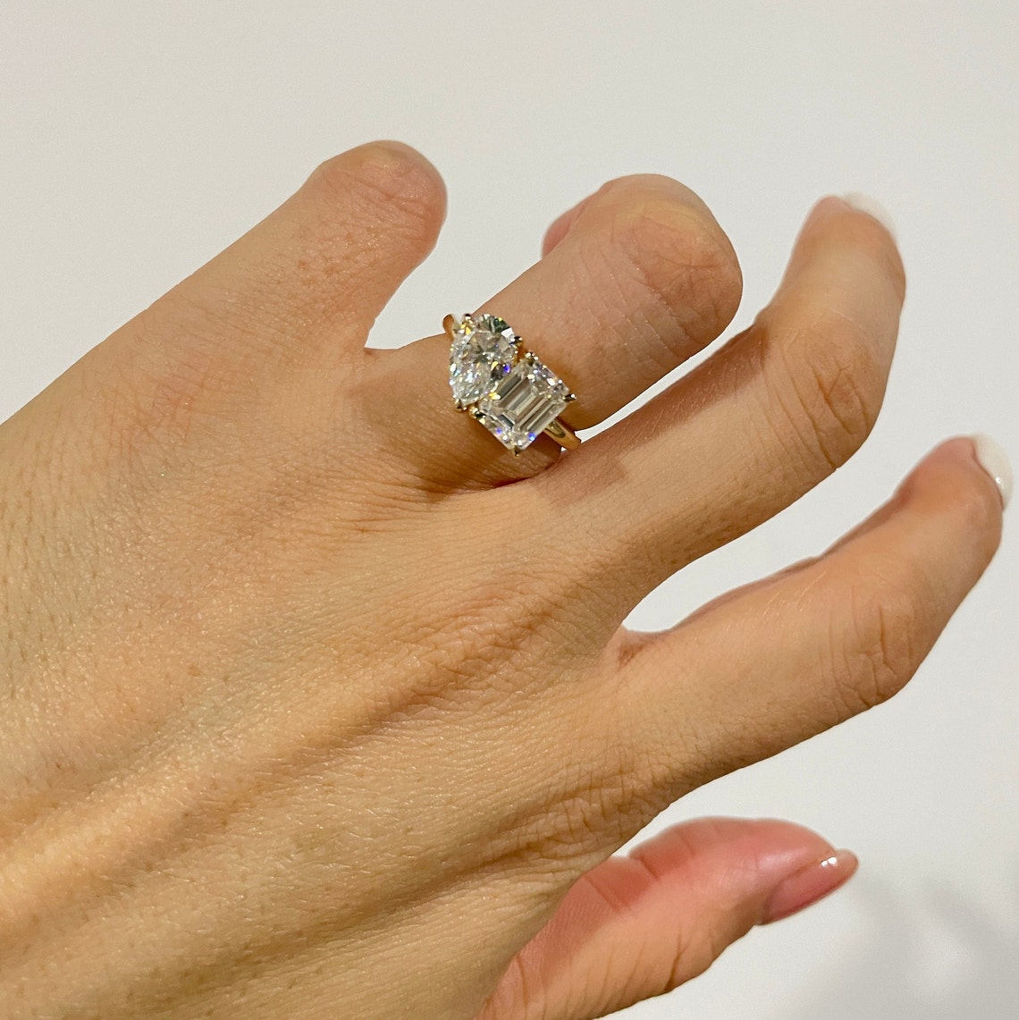 3.5 CT Emerald & Pear Moissanite Two Stone Engagement Ring