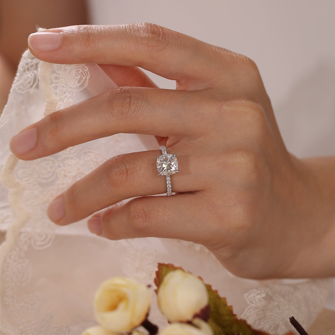 3.0 CT Cushion  Moissanite Pave Setting Engagement Ring