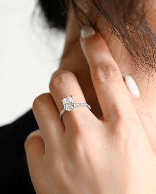 1.5 CT Radiant Moissanite Hidden Halo & Pave Engagement Ring