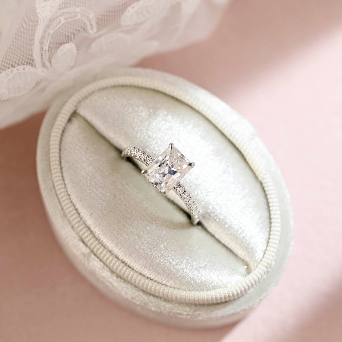 1.5 CT Radiant Moissanite Hidden Halo & Pave Engagement Ring