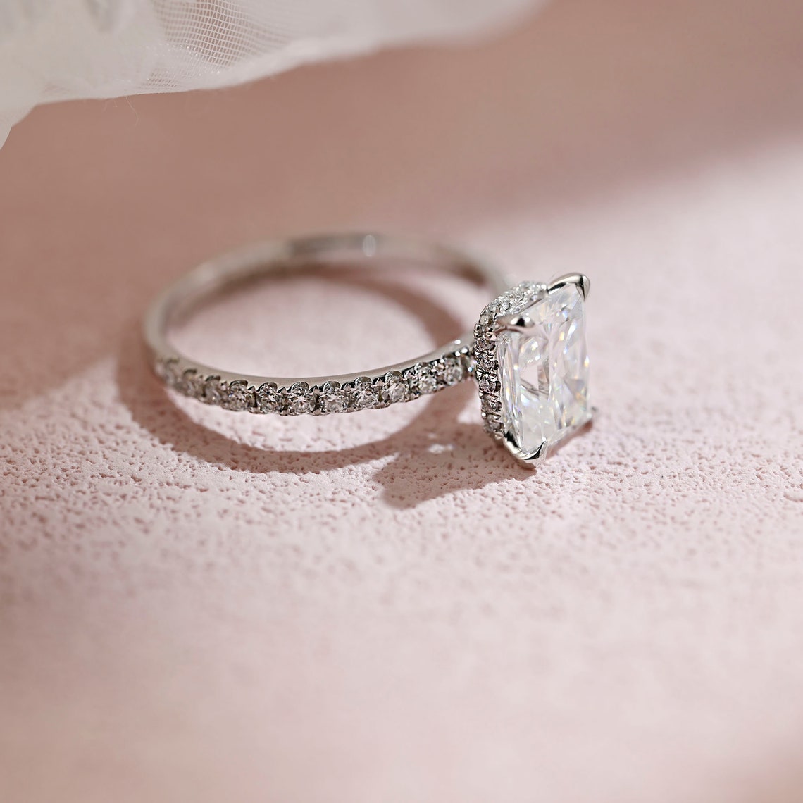 1.5 CT Radiant Moissanite Hidden Halo & Pave Engagement Ring