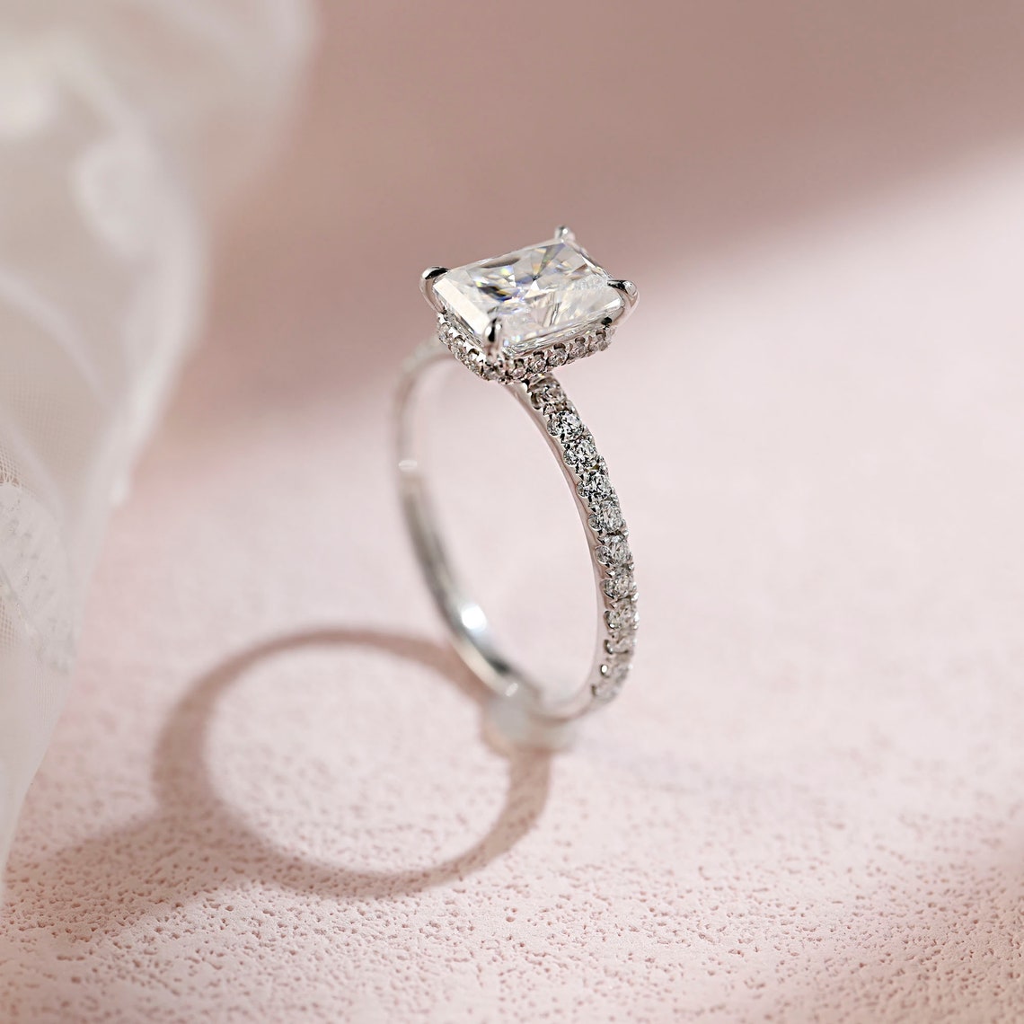 1.5 CT Radiant Moissanite Hidden Halo & Pave Engagement Ring