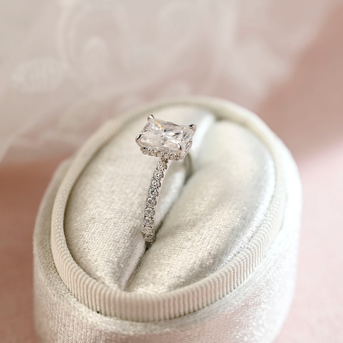1.5 CT Radiant Moissanite Hidden Halo & Pave Engagement Ring
