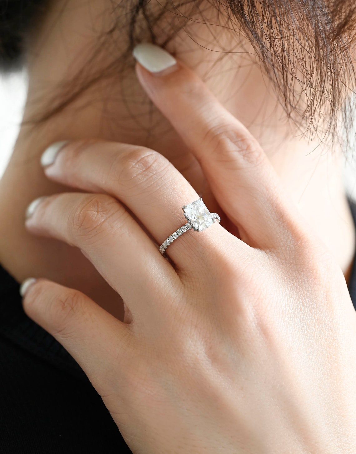 1.5 CT Radiant Moissanite Hidden Halo & Pave Engagement Ring