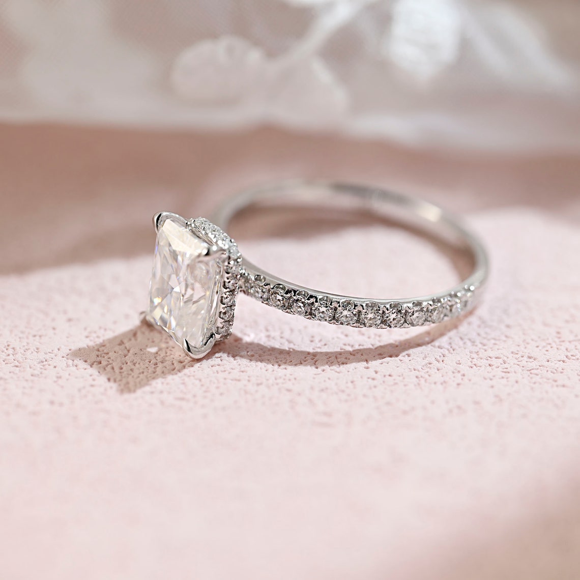 1.5 CT Radiant Moissanite Hidden Halo & Pave Engagement Ring