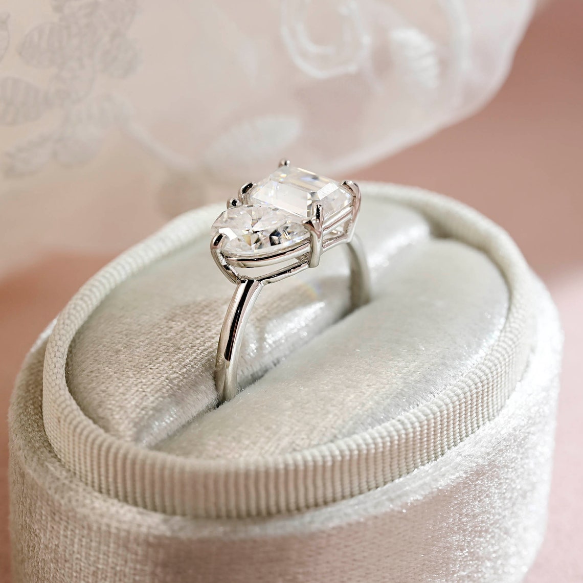 3.5 CT Emerald & Pear Moissanite Two Stone Engagement Ring