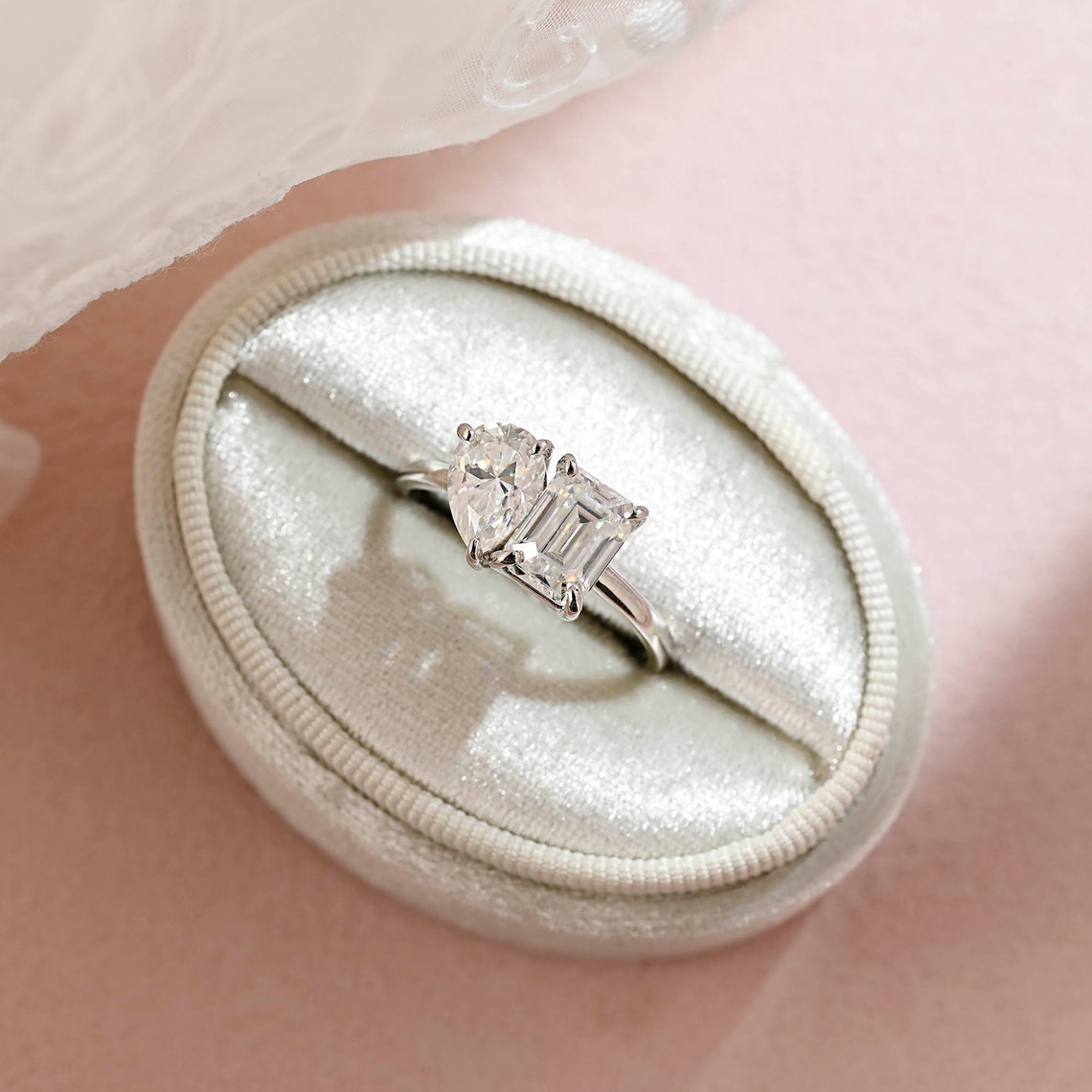 3.5 CT Emerald & Pear Moissanite Two Stone Engagement Ring