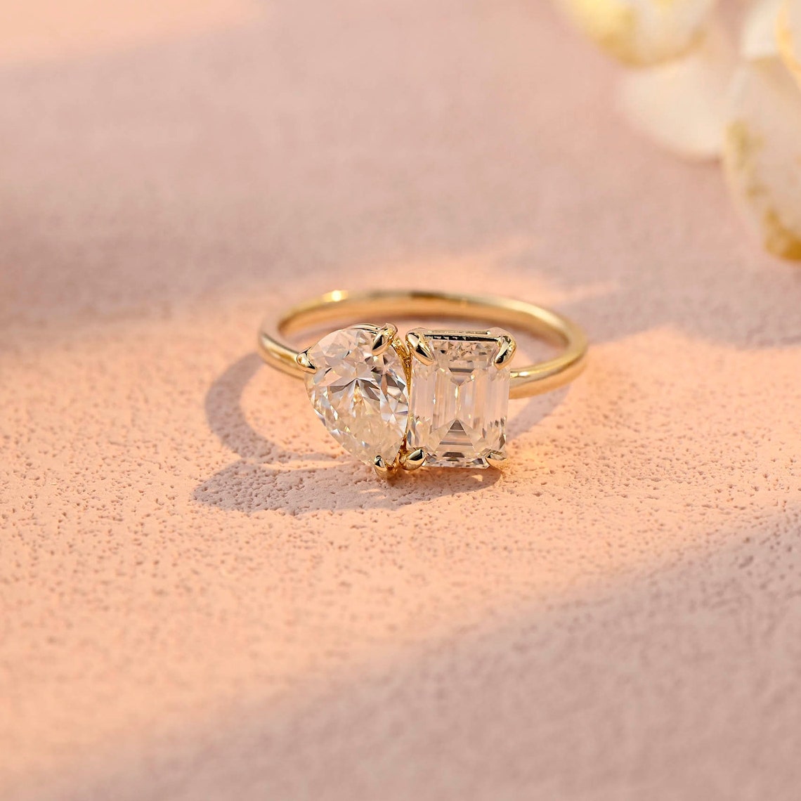 3.5 CT Emerald & Pear Moissanite Two Stone Engagement Ring