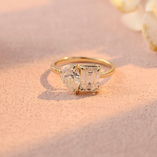 3.5 CT Emerald & Pear Moissanite Two Stone Engagement Ring