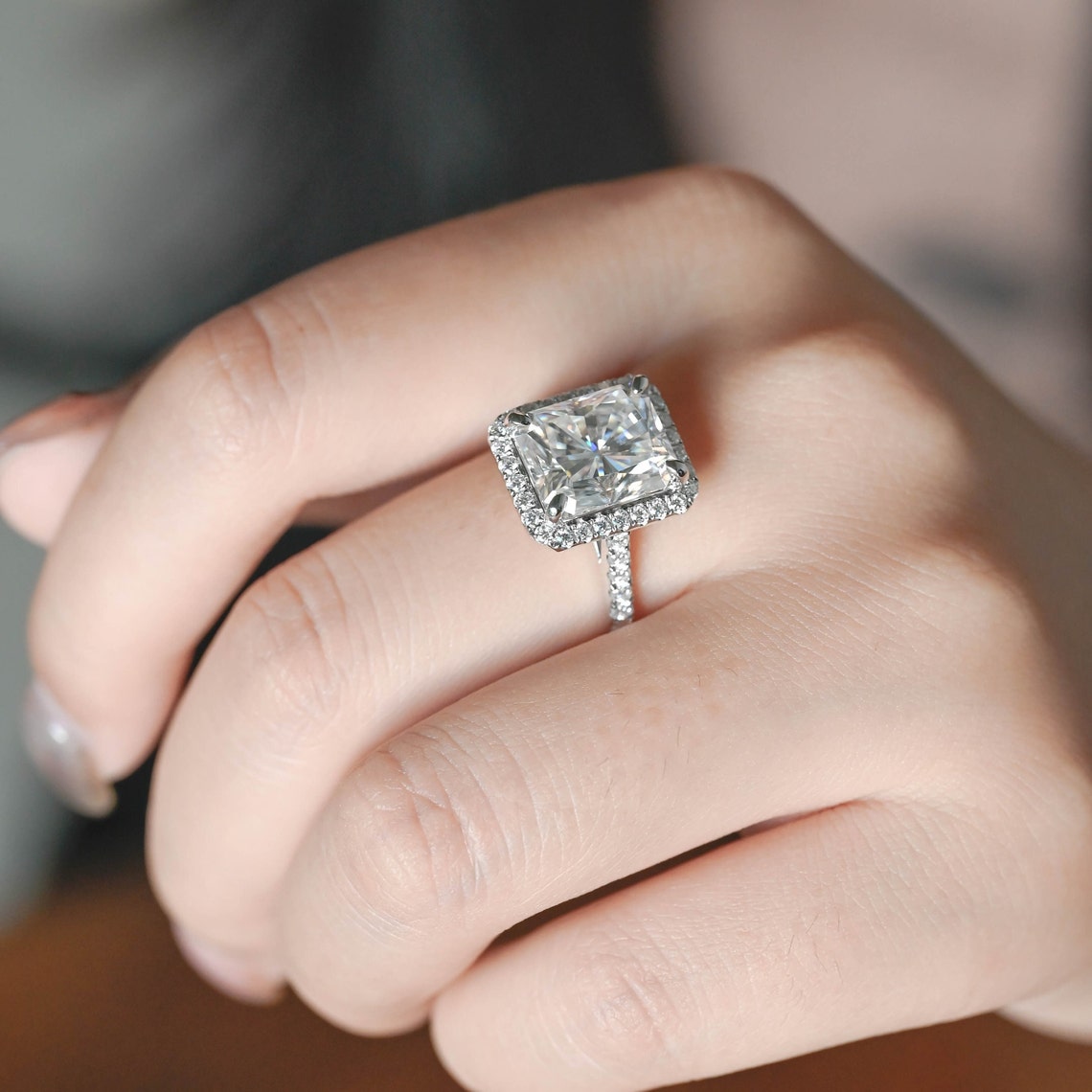 5.0 CT Radiant Moissanite Halo Engagement Ring