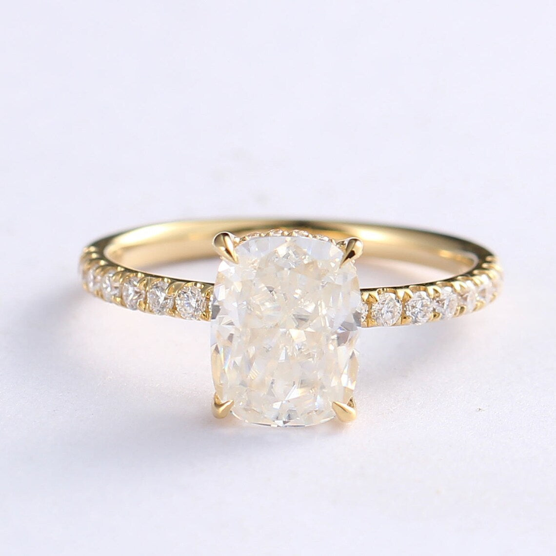 2.33 CT Cushion Moissanite Hidden Halo Pave Setting Engagement Ring