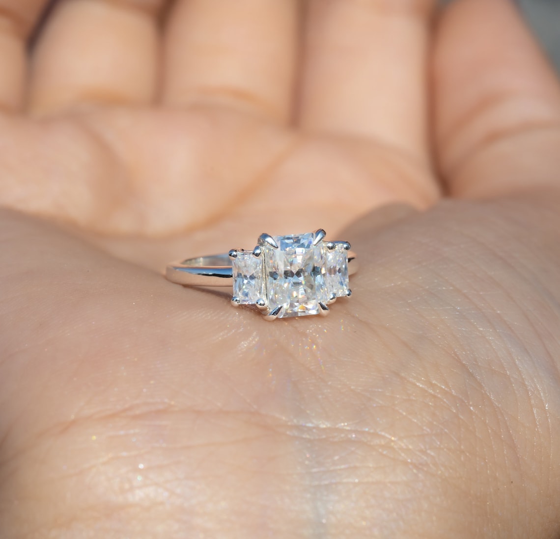 1.45 CT Radiant Moissanite Three Stone Engagement Ring