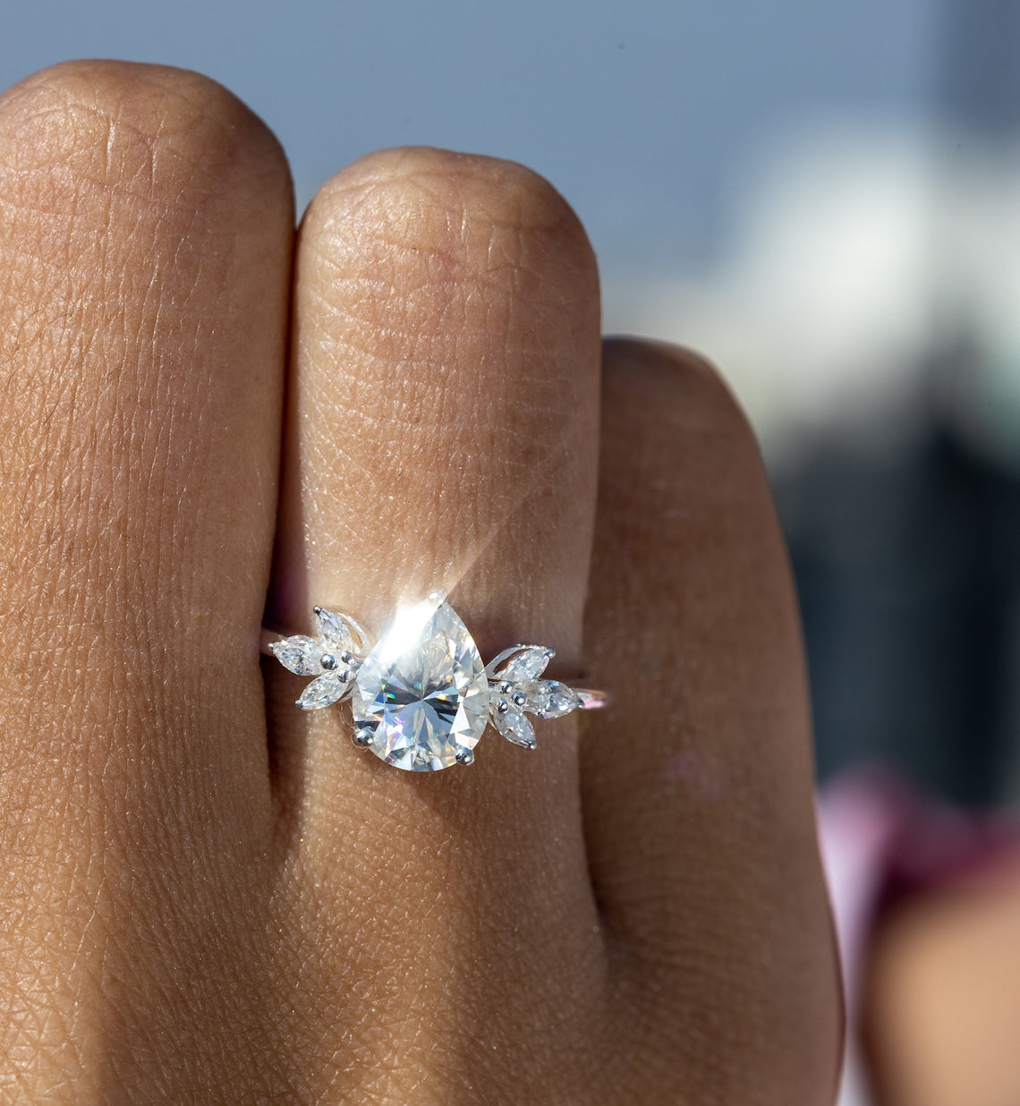 1.55 CT Pear Moissanite Cluster Engagement Ring