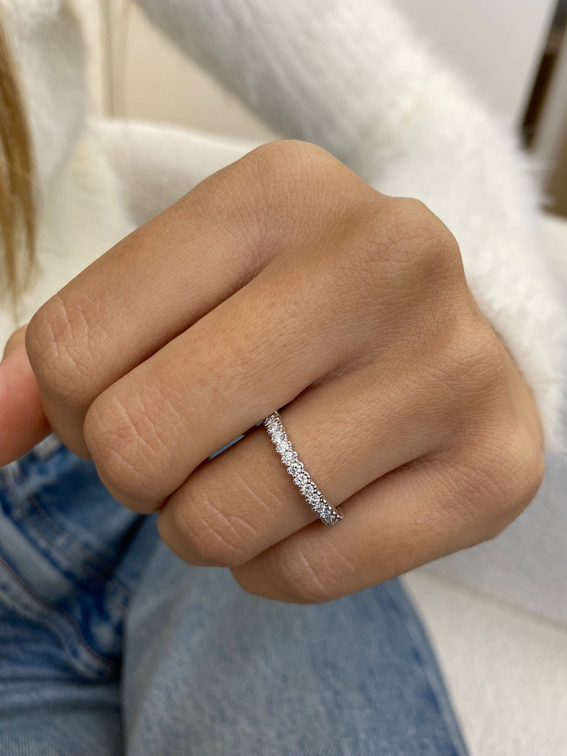 0.31 TCW Round Moissanite Half Eternity Wedding Band