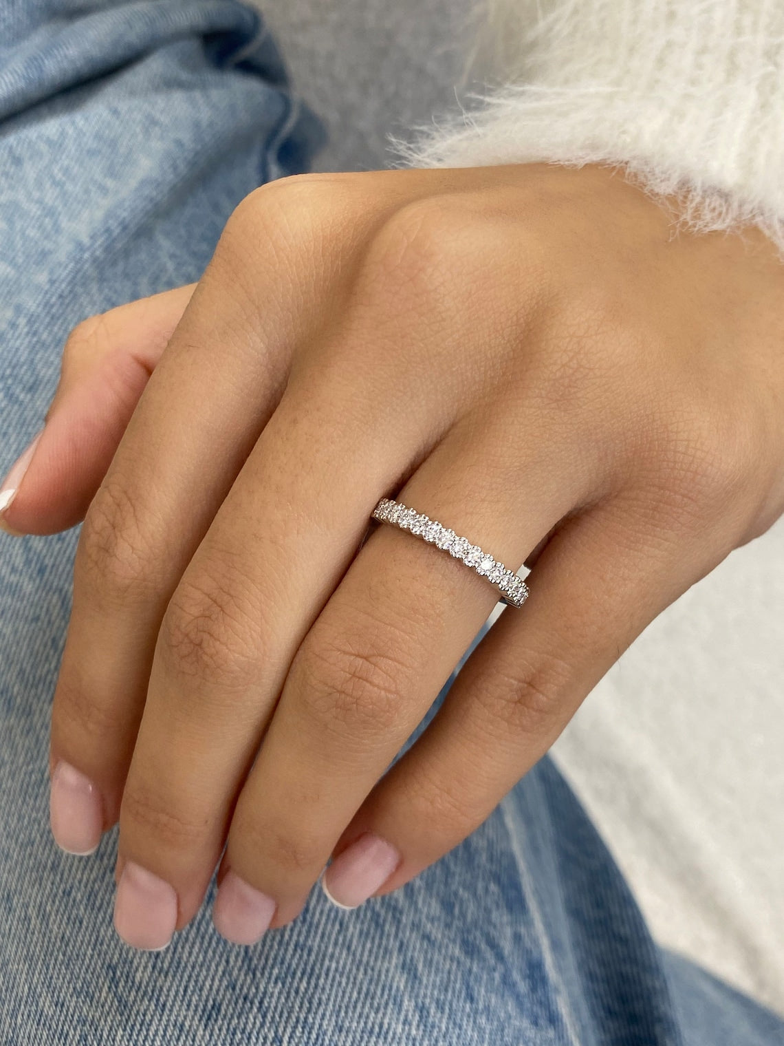 0.31 TCW Round Moissanite Half Eternity Wedding Band