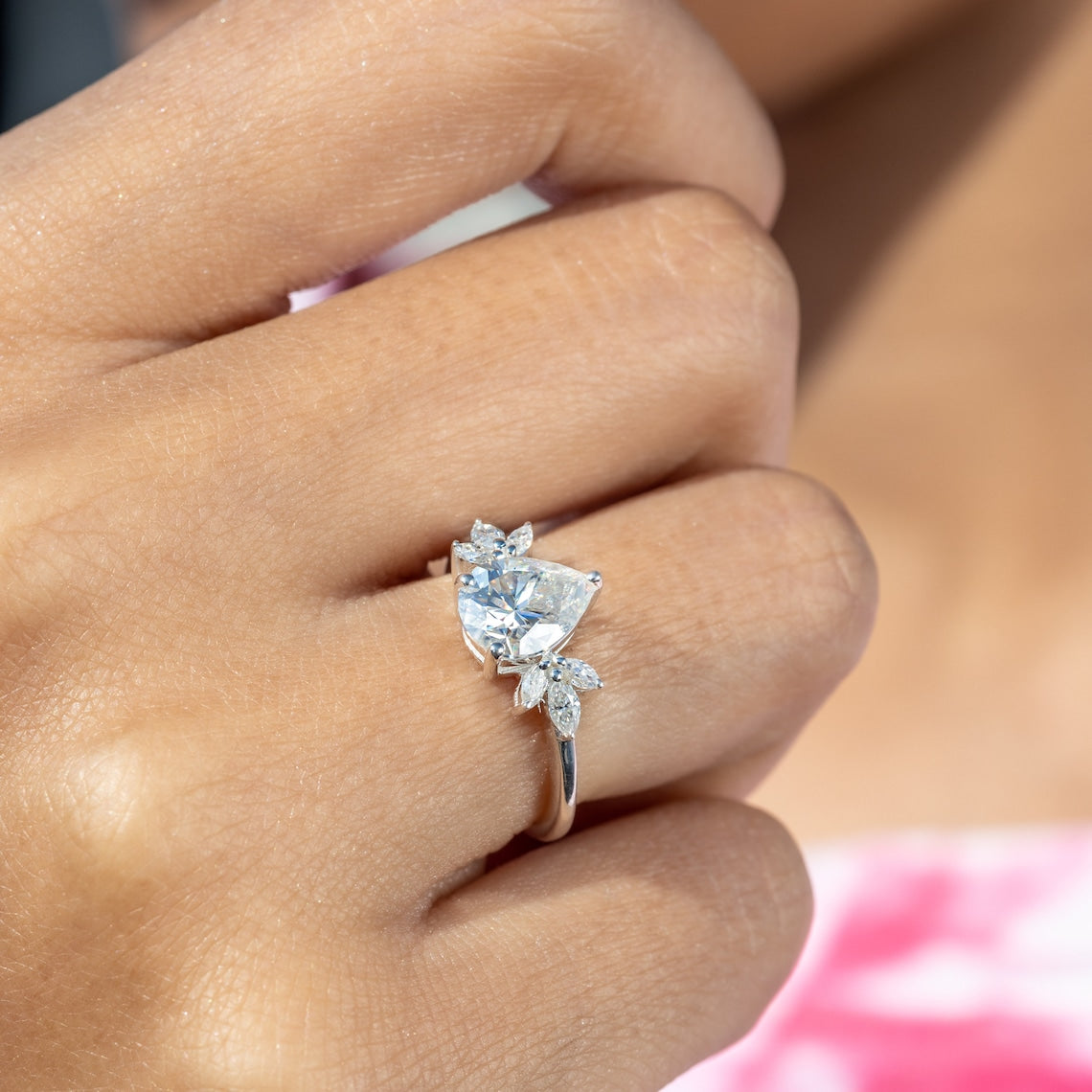 1.55 CT Pear Moissanite Cluster Engagement Ring