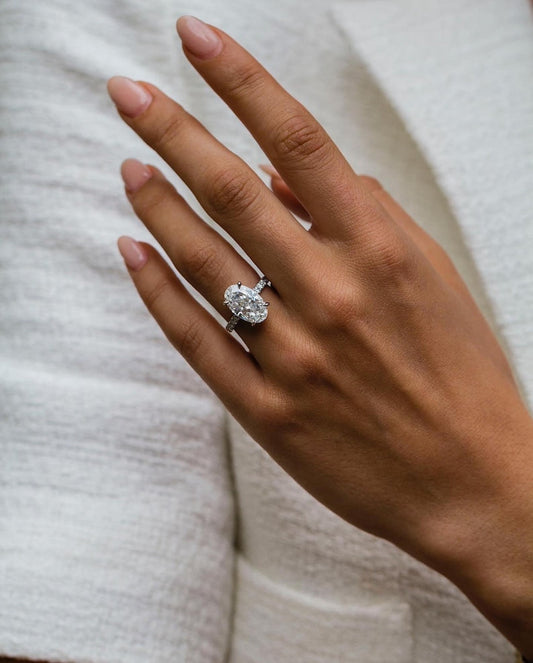 6.20ct Elongated Oval Cut Hidden Halo Diamond Moissanite Pave Engagement Ring For Women