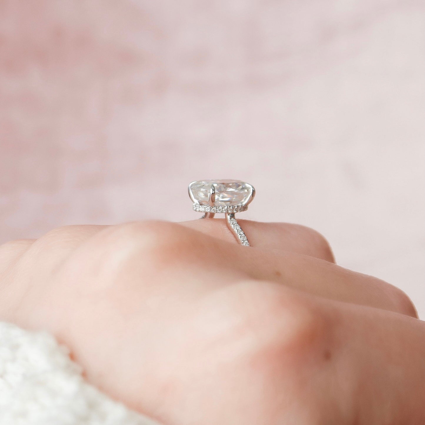 3.50CT Elongated Oval Cut Pave Moissanite Diamond Hidden Halo Engagement Ring