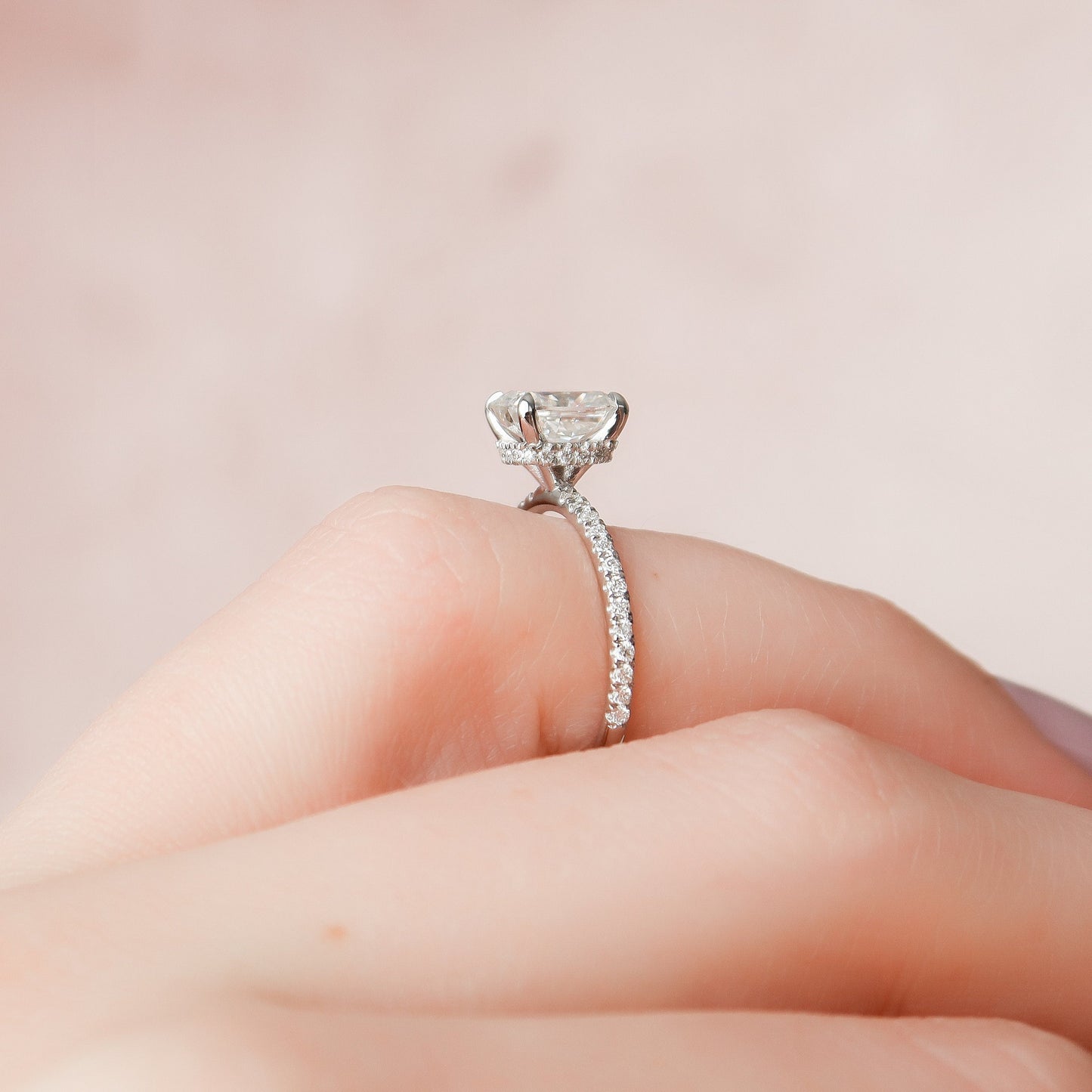 1.50CT Elongated Cushion Cut Pave Moissanite Diamond Hidden Halo Engagement Ring