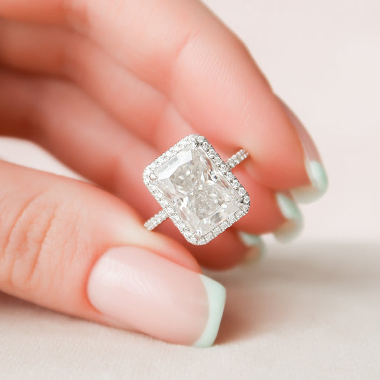 5.0CT Radiant Cut Halo Moissanite Diamond Pave Engagement Ring