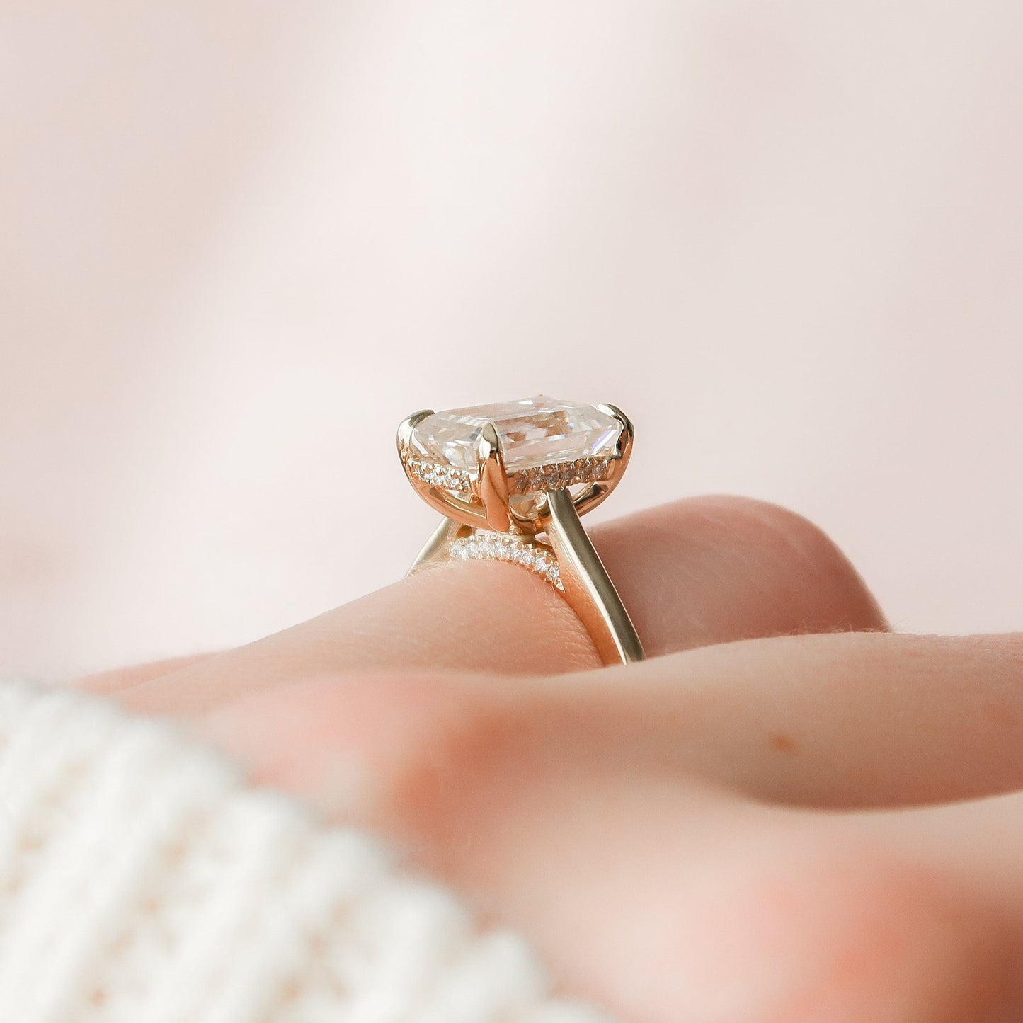 2.0CT Emerald Cut Moissanite Hidden Halo Engagement Ring
