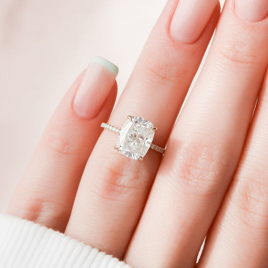 4.0CT Elongated Cushion Cut Hidden Halo Moissanite Diamond Pave Engagement Ring
