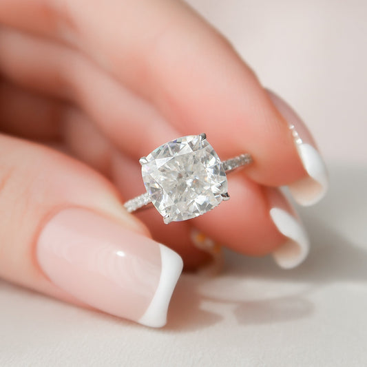 4.50CT Cushion Cut Hidden Halo Moissanite Diamond Pave Engagement Ring