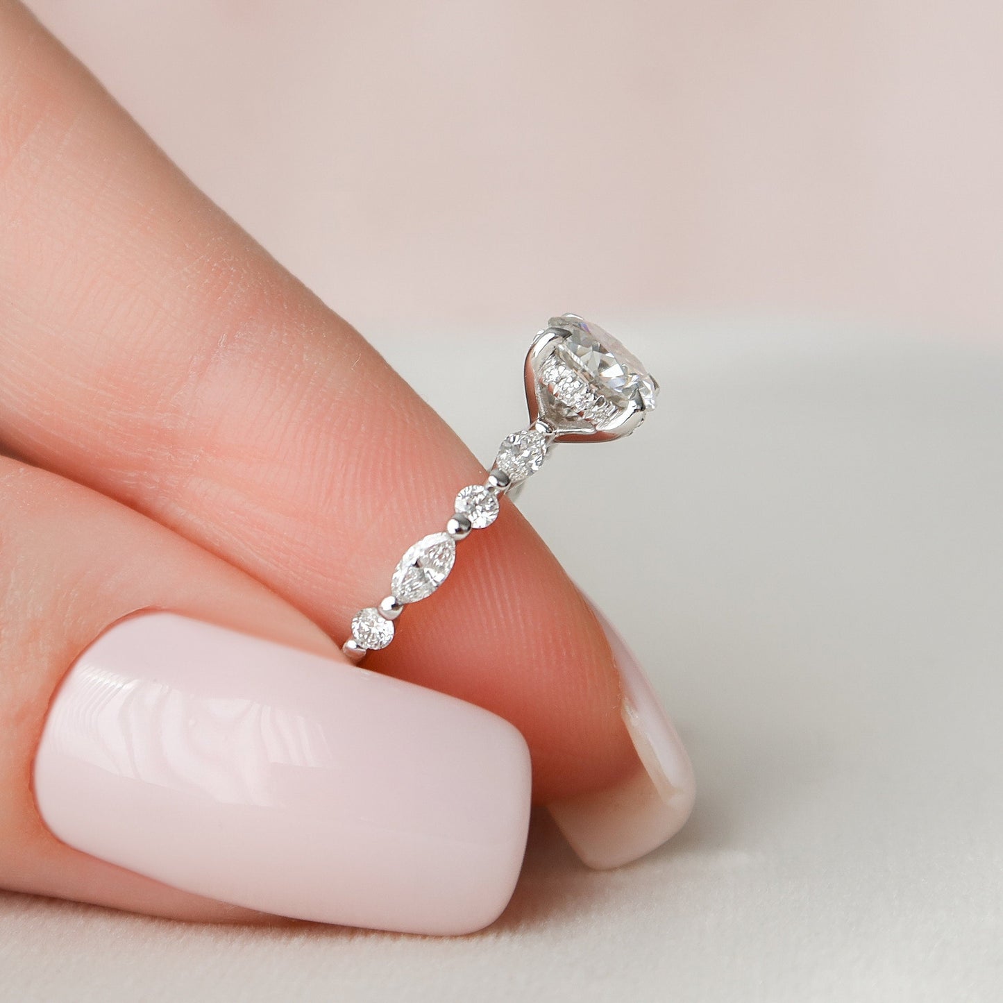 1.0CT Oval Cut Hidden Halo Moissanite Diamond Pave Engagement Ring