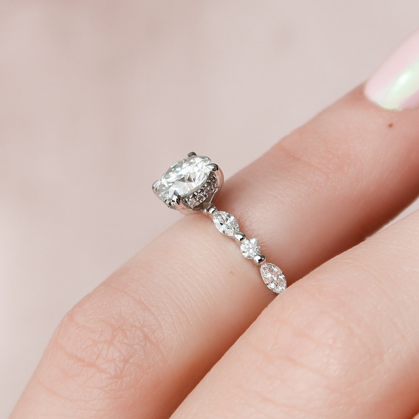 1.0CT Oval Cut Hidden Halo Moissanite Diamond Pave Engagement Ring